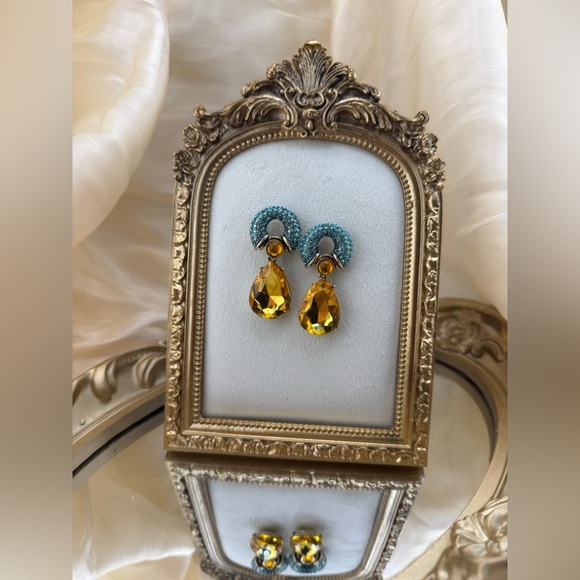 Bold Crystal Drop Earrings – Yellow Teardrop & Turquoise Studs - Picture 9 of 9